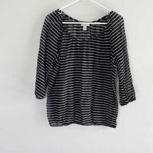 Ann Taylor Loft Blouse Size M Black White Striped 3/4 Sleeve Elastic Waist Top